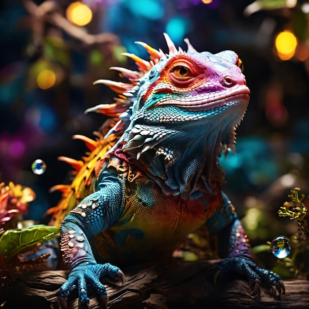 A closeup shot of a colorful iguana in a fantastical_1