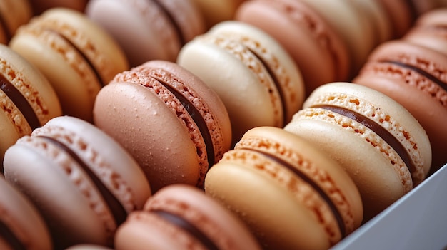 Photo a closeup shot of colorful macarons arranged in an array macarons in a box