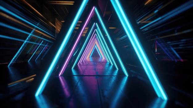 Closeup shot of colorful neon lights forming triangular shapes in perspective Generative AI AIG21