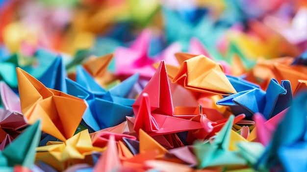 A closeup shot of colorful origami cranes