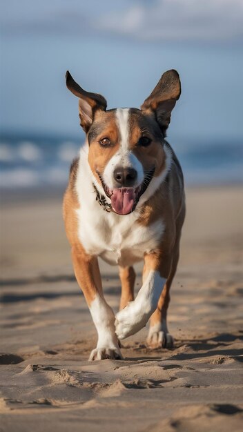 Closeup shot of a companion dog running on the sand