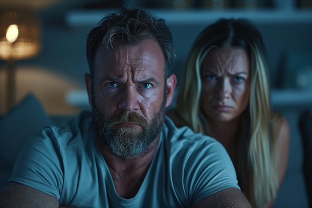 A closeup shot of a couple arguing at night in their living room The man is looking directly at the camera with a serious expression on his face while the woman looks annoyed