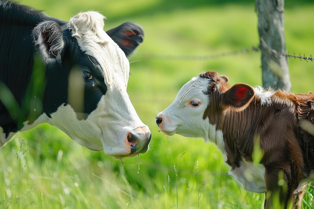 Closeup shot of a cow and a calf in a green field with fence