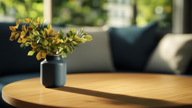 Photo a closeup shot of a cozy oak table with a simple green plant in a blue vase the table is set