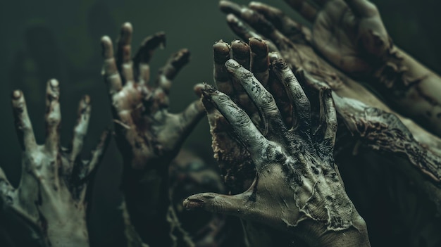 A closeup shot of decaying zombie hands reaching up from the darkness their flesh mottled with green and purple hues