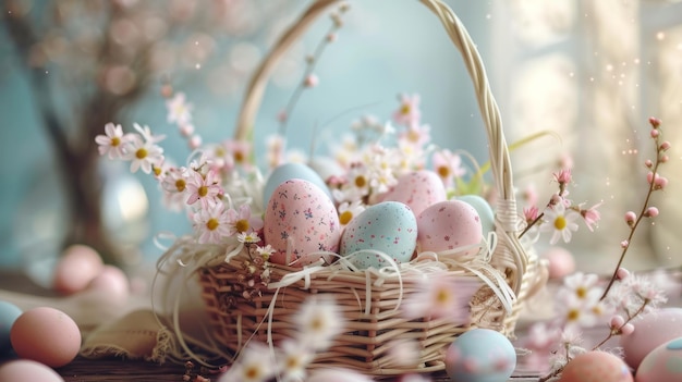 Closeup shot of a decorated Easter basket filled with pastelcolored eggs and adorned with delicate ribbons and flowers