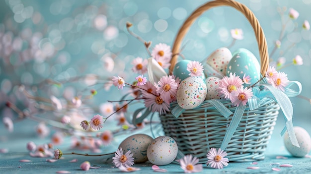 Closeup shot of a decorated Easter basket filled with pastelcolored eggs and adorned with delicate ribbons and flowers