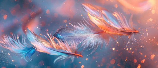 Photo a closeup shot of delicate feathers with a blue and orange hue surrounded by soft light and floating particles creating a dreamy magical atmosphere