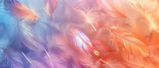 Photo a closeup shot of delicate feathers with a blue and orange hue surrounded by soft light and floating particles creating a dreamy magical atmosphere