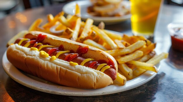 Photo a closeup shot of a delicious hot dog topped with ketchup mustard and relish served with cr