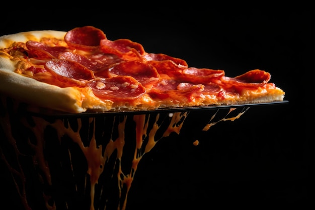 Closeup shot of a delicious pepperoni pizza floating in the middle against a dark background