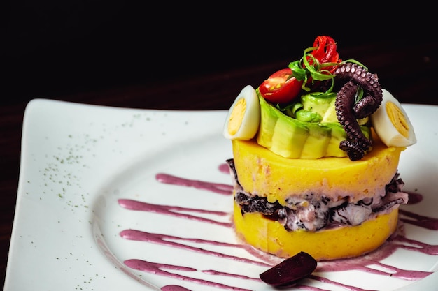 Closeup shot of the delicious Peruvian Causa dish