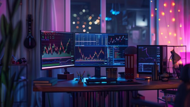 Photo a closeup shot of a desk at night with multiple monitors displaying stock charts showcasing a