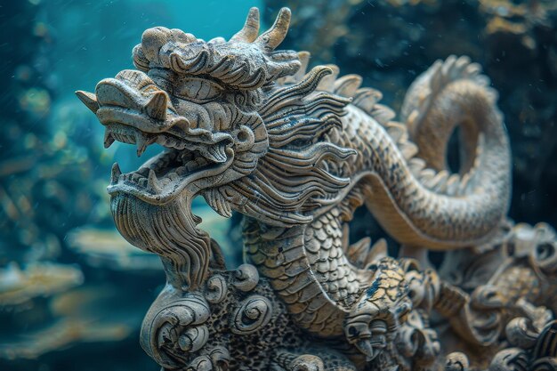 Photo a closeup shot of a detailed stone dragon sculpture partially submerged in water a symbol of power and strength in the underwater world