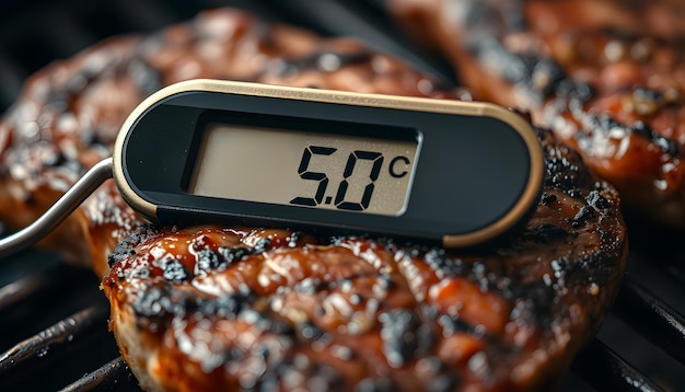 Closeup shot of digital meat thermometer inside grilled steak on barbecue showing 50 degrees