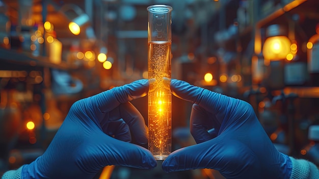 A closeup shot of a doctor39s hands holding a test tube up to the light studying the reaction wit