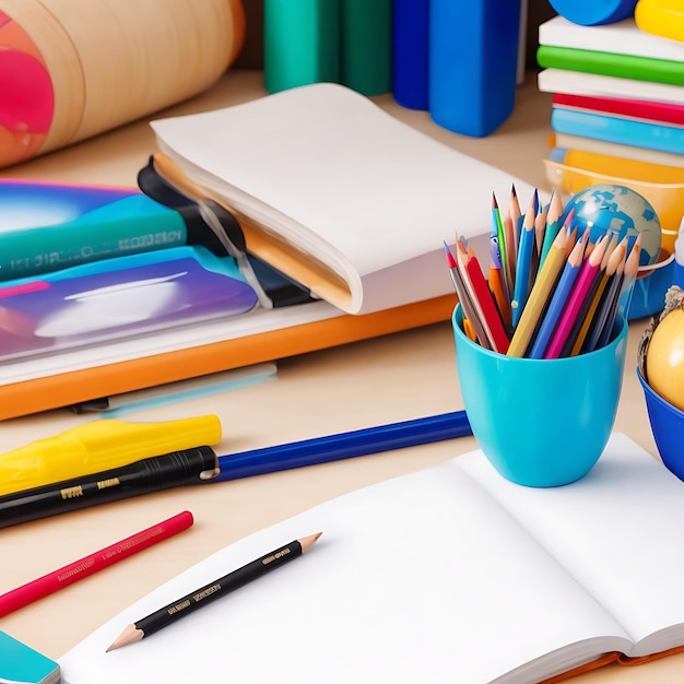 A closeup shot of educational materials such as books pencils globes and other classroom