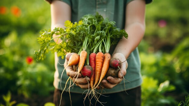 A closeup shot of a farmer's hands holding freshly harvested vegetables