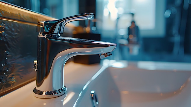 Photo a closeup shot of the faucet in bathroom highlighting its sleek design and shiny chrome finish as an