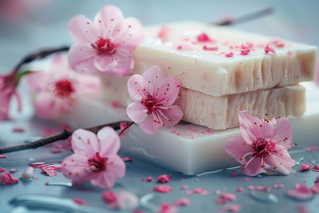 A closeup shot featuring a handmade soap bar accompanied by pink blossoms evoking notions of spa a