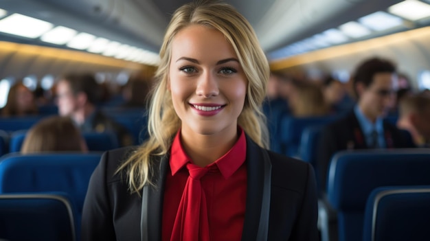 Photo closeup shot of a female flight attendant standing in the aisle in the airplane cabin