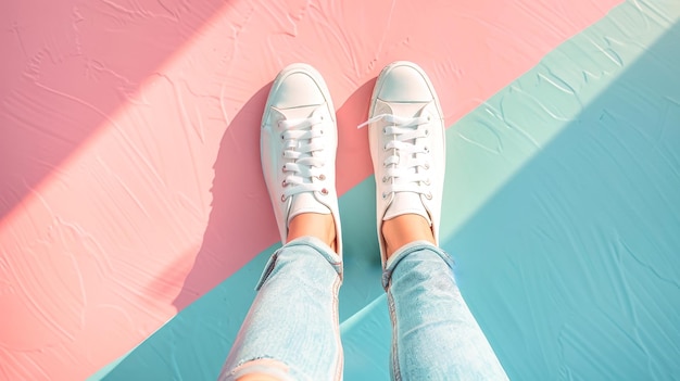 A closeup shot of female legs in white sneakers on a pastel background with the light catching the shoes and creating a dreamy aesthetic