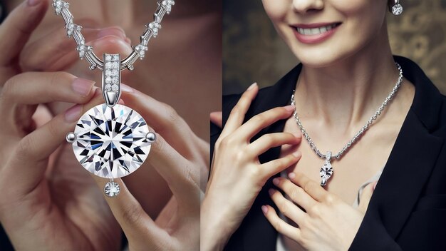 Closeup shot of a female wearing a beautiful silver necklace with a diamond pendant