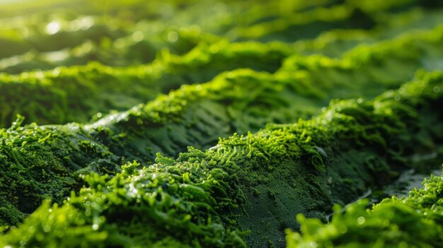 A closeup shot of a field of spirulina algae basking in the golden light of the sun The vibrant green color and intricate textures create a beautiful and natural scene