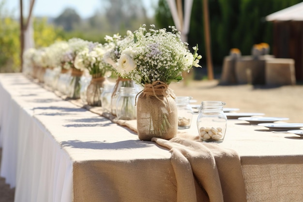 Photo closeup shot of a floral centerpiece on a wedding reception table