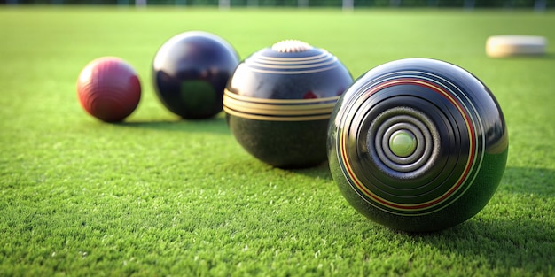 Closeup shot of four bowls three black and one red laying on green grass bowls ball black re