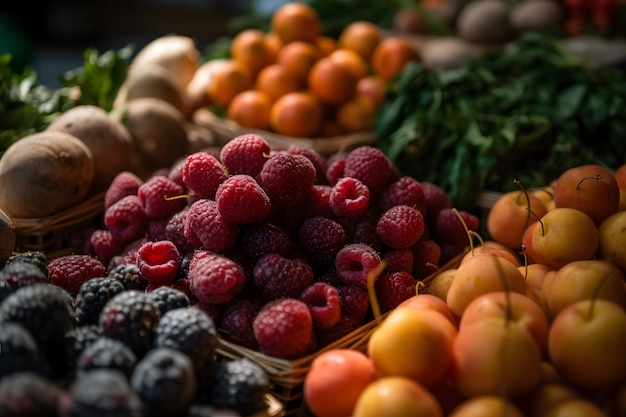 Closeup shot of fresh fruits and vegetables in a farmers market setting Generative Ai