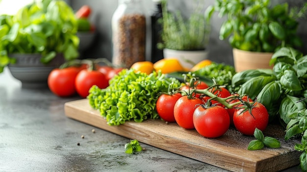 A closeup shot of fresh tomatoes lettuce and basil on a wooden cutting board in a kitchen setting