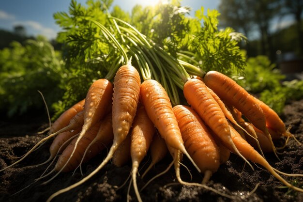 Closeup shot of freshly picked carrots in the farmer's field celebrate the harvest Healthy organic produce