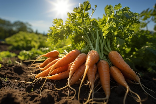 Closeup shot of freshly picked carrots in the farmer's field celebrate the harvest Healthy organic produce