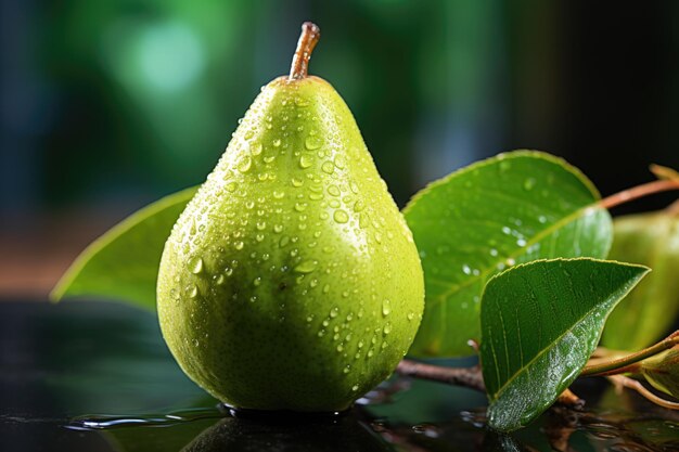 Closeup shot from a green pear attached to a branch with a blurred background generative IA