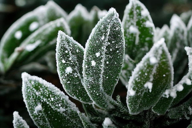 Closeup shot of frozen green plants in a garden during winter