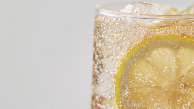 Photo closeup shot of a glass filled with lemon lime soda and ice featuring a slice of lemon