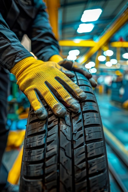 A closeup shot of gloved hands inspecting a tire in a factory setting The tire is positioned vertically and the hands are carefully checking its tread and condition