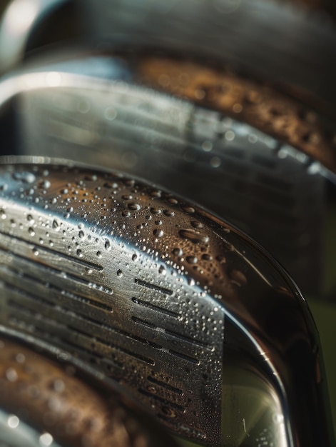 A closeup shot of a golf iron with water droplets on its surface