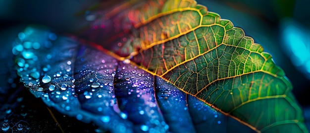 A closeup shot of a green leaf with dew drops