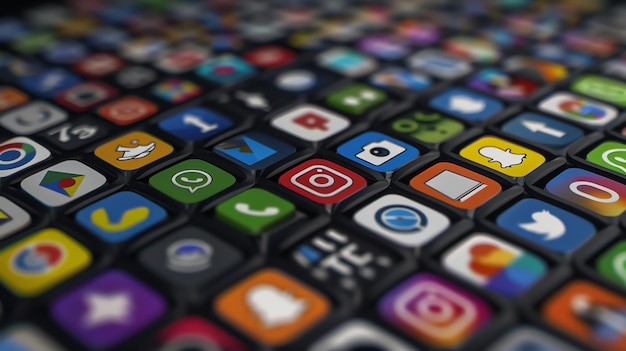 A closeup shot of a grid of various colorful social media apps