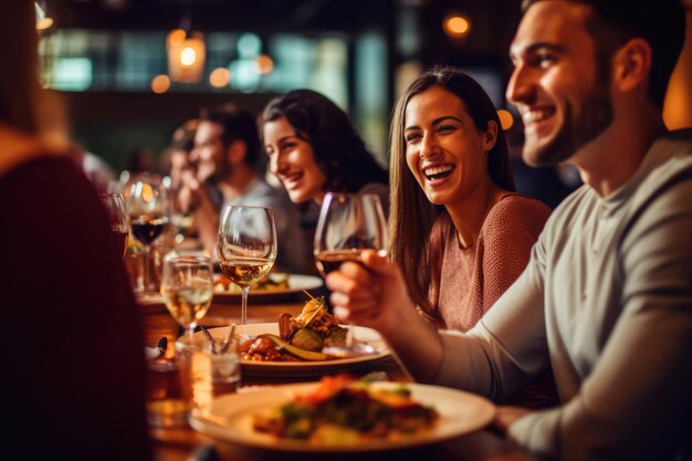 A closeup shot of a group of friends having fun together while dining at the venue Generative AI