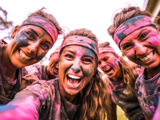 Closeup shot of group of happy friends playing paintball and having splashes of colorful paint on their faces Generative AI