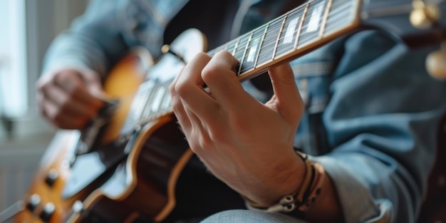 Photo closeup shot of a guitar players hands on the fretboard capturing the essence of playing an electric guitar