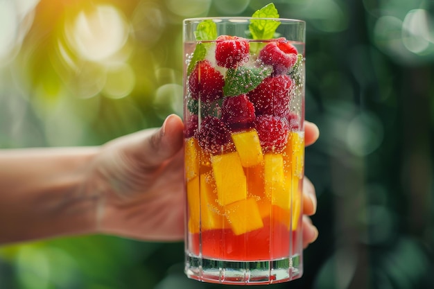 Photo closeup shot of a hand holding a chilled glass of fruit juice