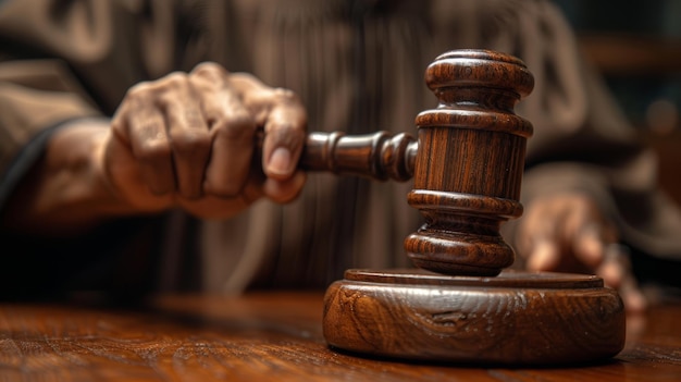 Closeup shot of hand holding gavel and hitting sound block in a court of law Judge sees the accused guilty passes judgement and rules case closed