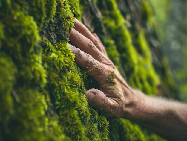 Photo a closeup shot of a hand touching mosscovered tree bark symbolizing connection with nature