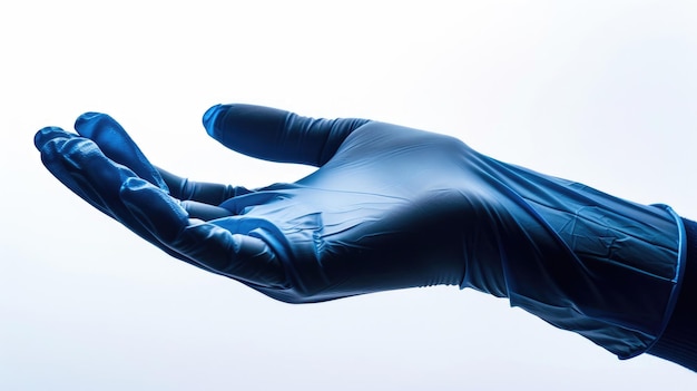 Photo a closeup shot of a hand wearing a blue glove holding onto an unknown object