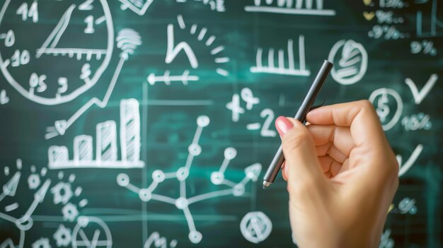 Photo closeup shot of a hand writing economic formulas and profit calculations on a chalkboard highlighting financial education and business analysis