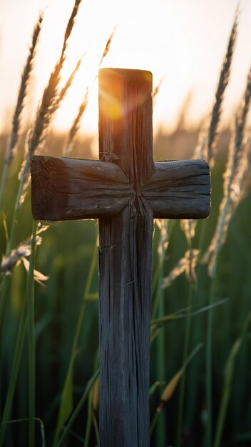 A closeup shot of a handmade wooden cross in the field with the sun shining